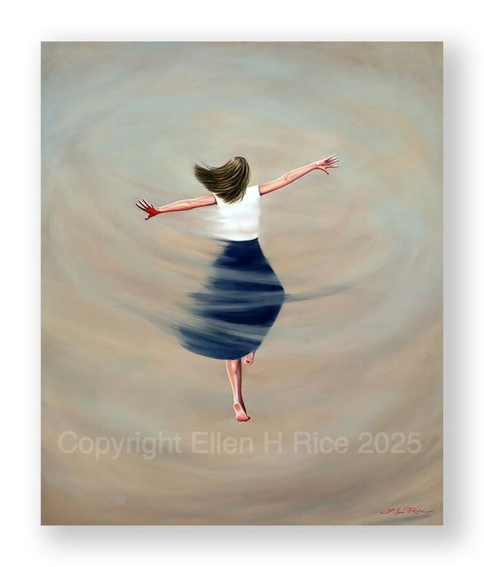A woman joyously lets go of things that hold her back and moves forward, spinning, arms flung out, in 