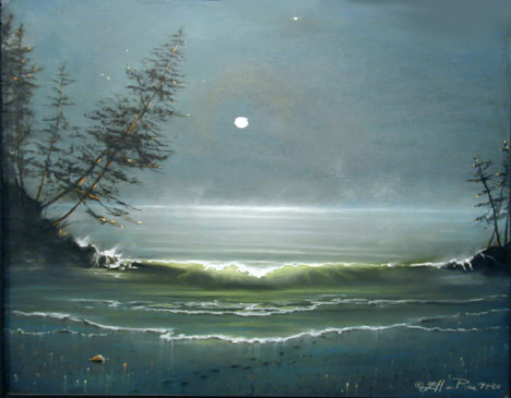 Moonlight lights a hidden cove in this pastel painting by Ellen Rice.