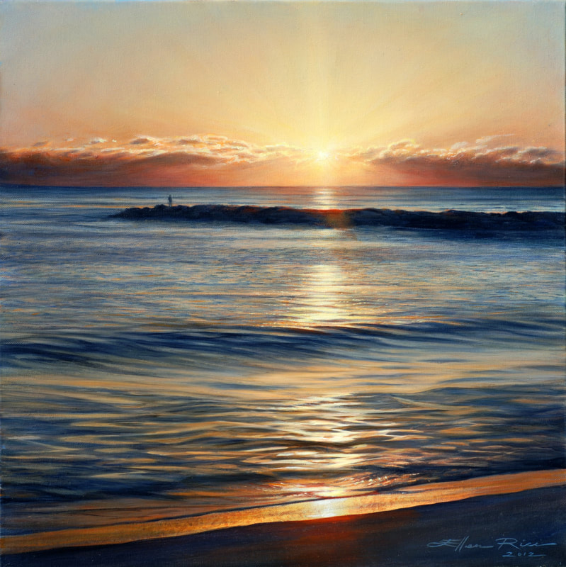 The rising sun gilds distant clouds sends highlights across the water and beyond a rock  jetty where one fisherman pauses to take in the beauty, in this painting by Ellen Rice.