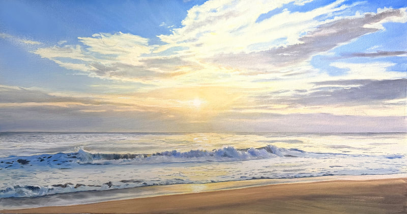 Light radiates from the rising sun and cascades over quiet ocean waves  and dramatic clouds against a deep blue sky in this oil painting by Ellen Rice.