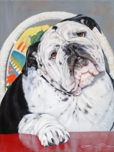 English bulldog sitting on tropical chair.