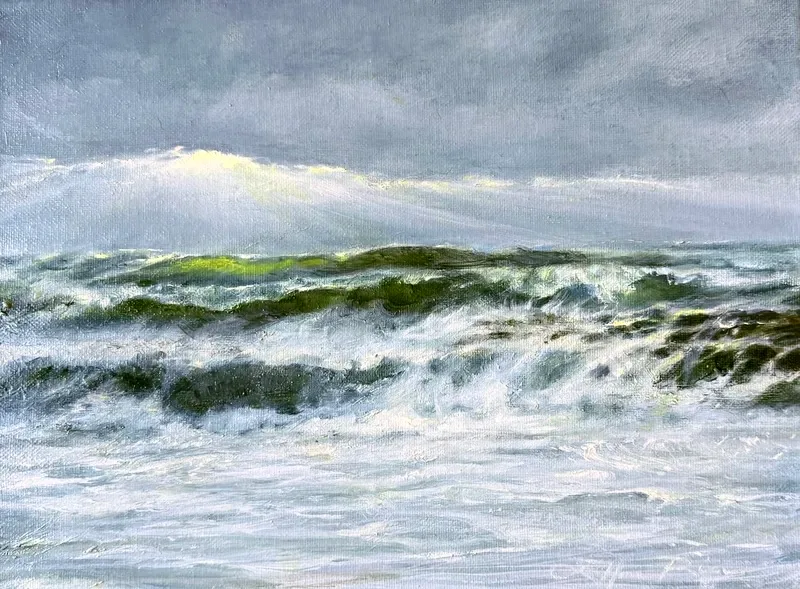 Light dispels darkness in this oil painting of a fierce nor'easter's tide coming in over a rocky jetty at Indian River Inlet, Delaware by landcape, seascape and portrait artist Ellen Rice.