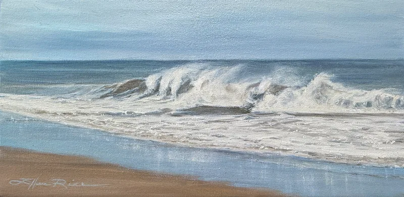Contemporary fine art oil painting of nor'easter crashing in Bethany Beach reminded the artist of wild white horses rushing ashore.