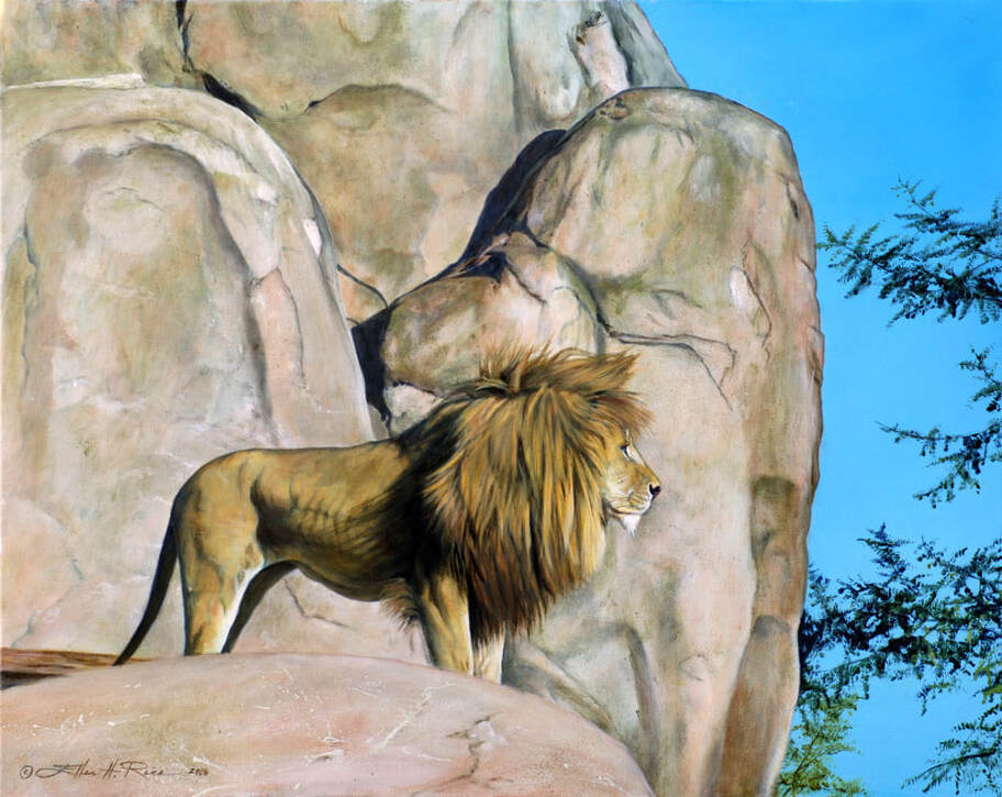 Oil painting of a male lion standing surveying his kingdom from a rocky outcropping called Lion Rock in Walt Disney World's Animal Kingdom.