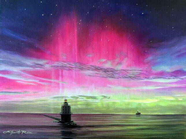 Oil painting of a rare aurora, Northern Lights, over Cape Henlopen, Delaware's Outer Breakwater Lighthouse as a ship heads south on the horizon.
