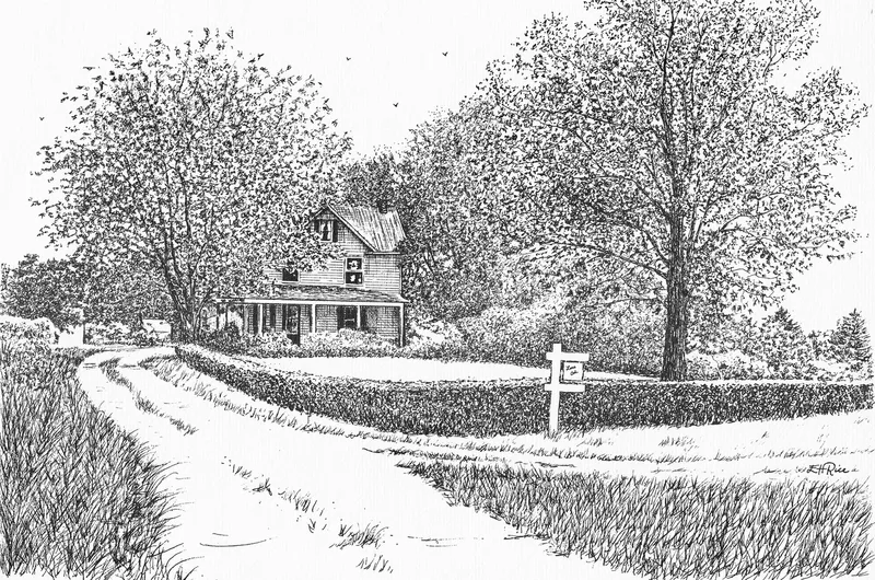 Pen & ink by Ellen Rice of an old dirt lane and trees leading to a farmhouse called Lone Oak.