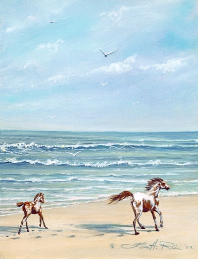 An Assateague mare and foal romp down the beach next to the surf in this Ellen Rice painting.