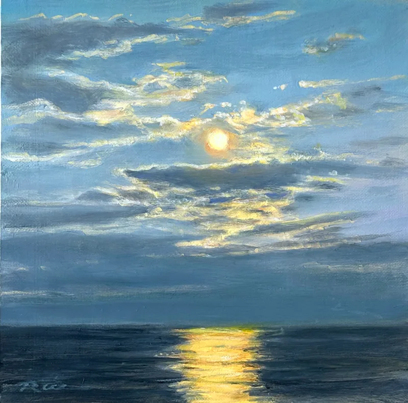 Moody oil painting of the moon highlighting a lacework of clouds over the ocean.
