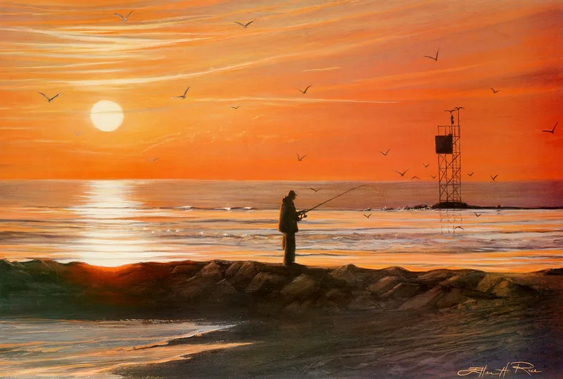 A lone fisherman sanding on the north rock jetty at Indian River Inlet, painted as he tries for his 