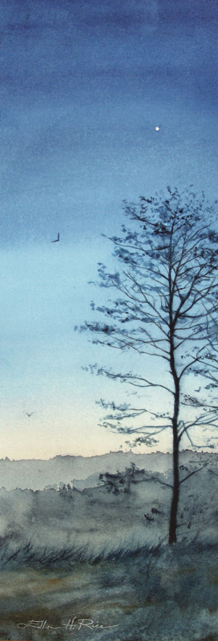 A morning star appears over a lone pine tree and grasses in this peaceful watercolor by Ellen Rice.