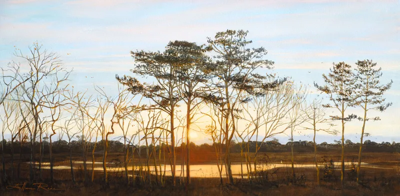 The rising sun glows above and through trees and reflects across bay waters in this oil painting by Ellen Rice.