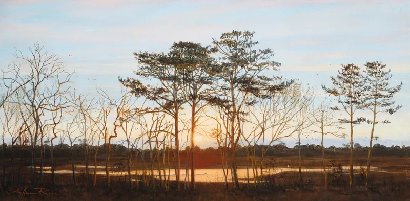 A mile back from the ocean, the sun rises over trees and marsh in this scene painted from artist Ellen Rice's front porch.