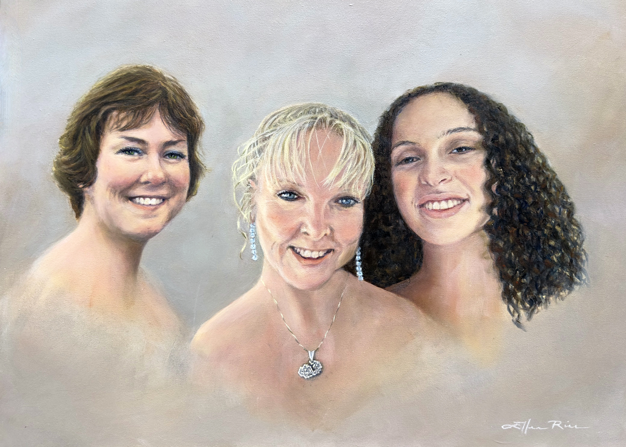 Oil portrait of three generations of women done from snapshots for a friend, all long distance, one of them deceased so no good photos.