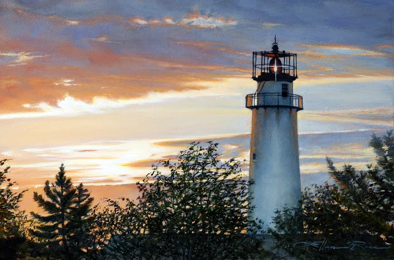 Contemporary American artist Ellen Rice captures in oils a fleeting moment when the sun is setting and  Fenwick Lighthouse's Fresnel light is coming on.
