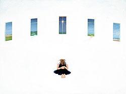 Painting showing a woman in a white space with windows surrounding her and revealing different pathways to be free of life's challenges if she'll only raise her head and open her eyes to them.