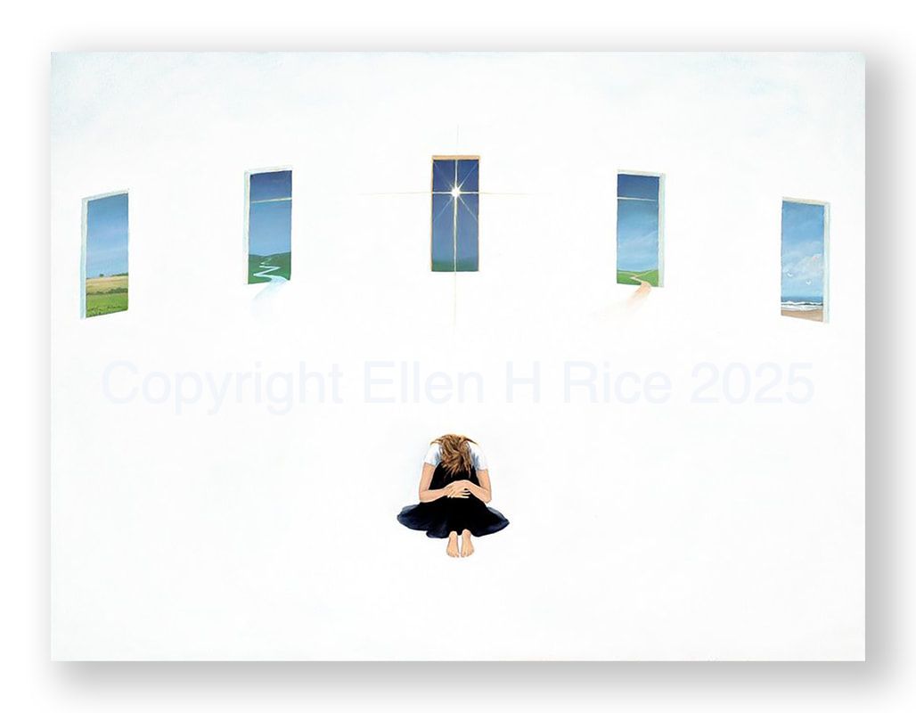 Painted vision of answer to crises seen in prayer with windows appearing behind and around the woman showing ways out.