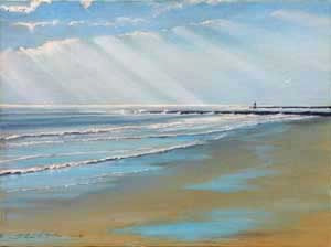 Sunbeams filtering through clouds light this oil painting of morning over the Mid-Atlantic coast.