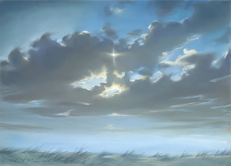 Light, pierces clouds and form a cross through silver-edged clouds over beach dunes in this pastel painting by Ellen Rice.
