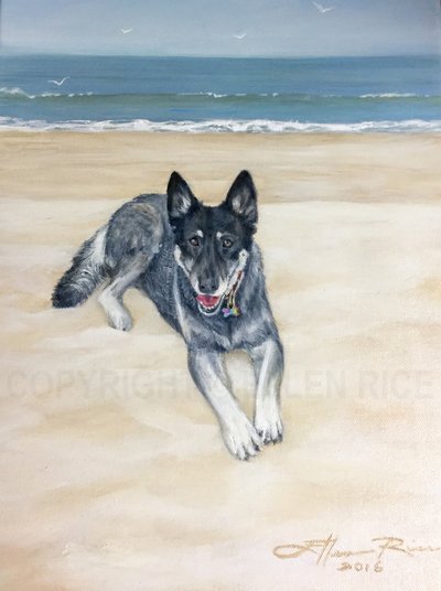 Portrait in oils of Shepherd mix on the beach.