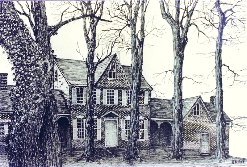 Highly detailed pen and ink drawing of the historic Parson Thorne Mansion in Milford, Delaware.