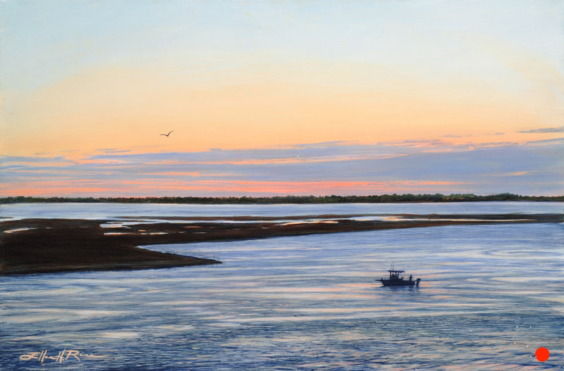 Ellen Rice oil painting of the soft colors of the sky in the moments after the sun sets across Indian River Bay.