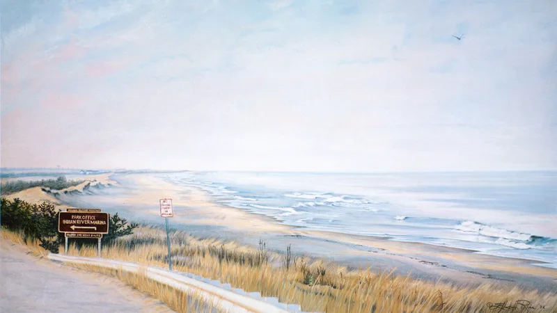 Peaceful twilight pastel painting of the long stretch of beach, dunes and ocean shore on the north side of the old Indian River Inlet Bridge in Delaware Seashore State Park.