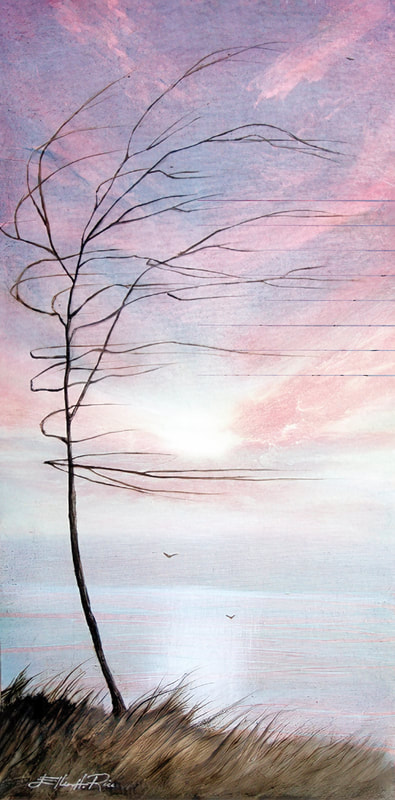 A tall,  slender tree  wafts with the wind on a grassy bluff overlooking a body of water in this painting.