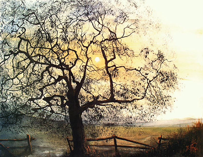 Watercolor painting and prints of a large old tree with a dilapidated fence, both highlighted by the golden sun from across a large field and beyond. 