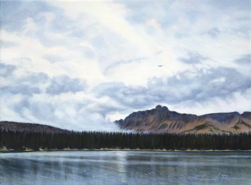 An eagle rises high above a mountain, not by flapping its wings, but by riding thermal air currents, illustrating the Bible verse about "They who wait upon the Lord ... shall rise us with wings like eagles" in this oil painting.