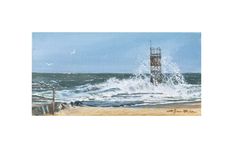 Oil painting of sea foam swirling around and engulfing a light tower on the rocky south jetty of Indian River Inlet, Delaware Seashore State Park.
