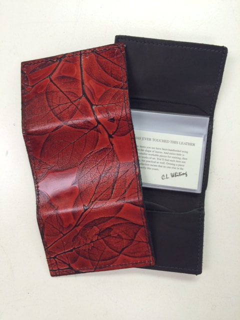Men's Trifold Leaf Leather wallet front and interior.
