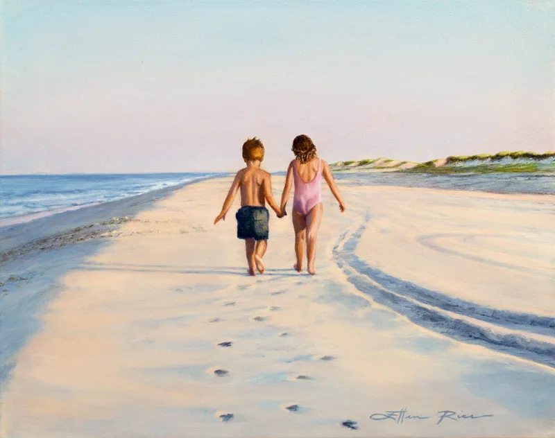 A young brother and sister lovingly join hands  while walking down the beach at dusk in this softly colored  oil painting.