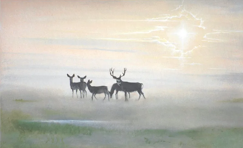 Pastel painting of five deer at dawn by award-winning, contemporary Delaware artist Ellen Rice.