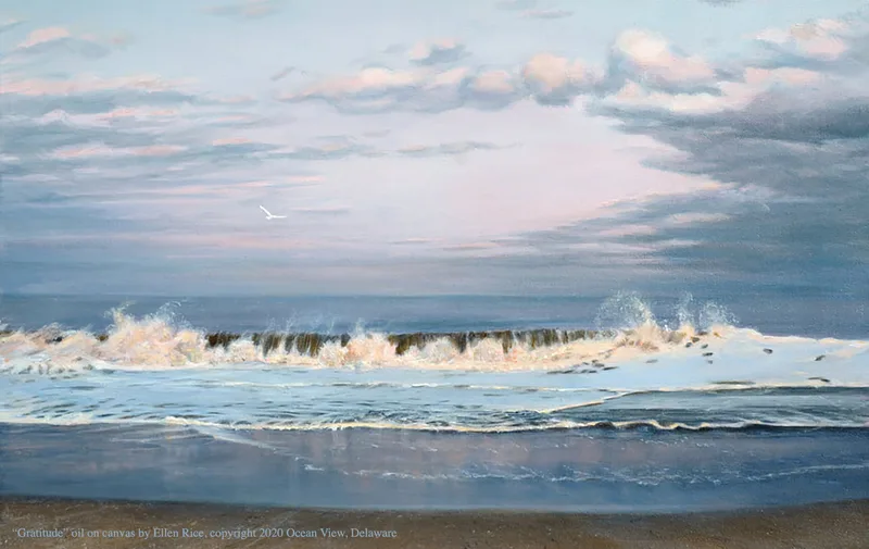 Oil painting of a peaceful beach scene  after a storm has moved out to sea.