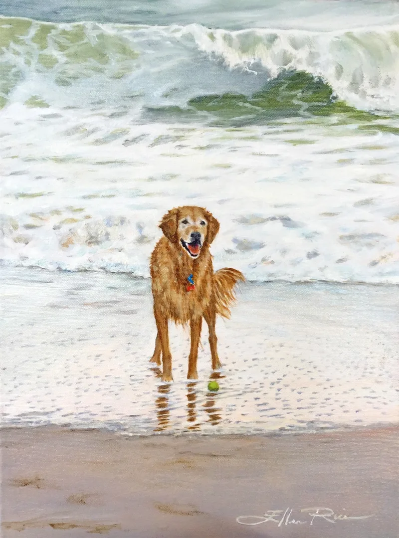 Painting of wet Golden Retriever waiting on beach for someone to toss a ball.