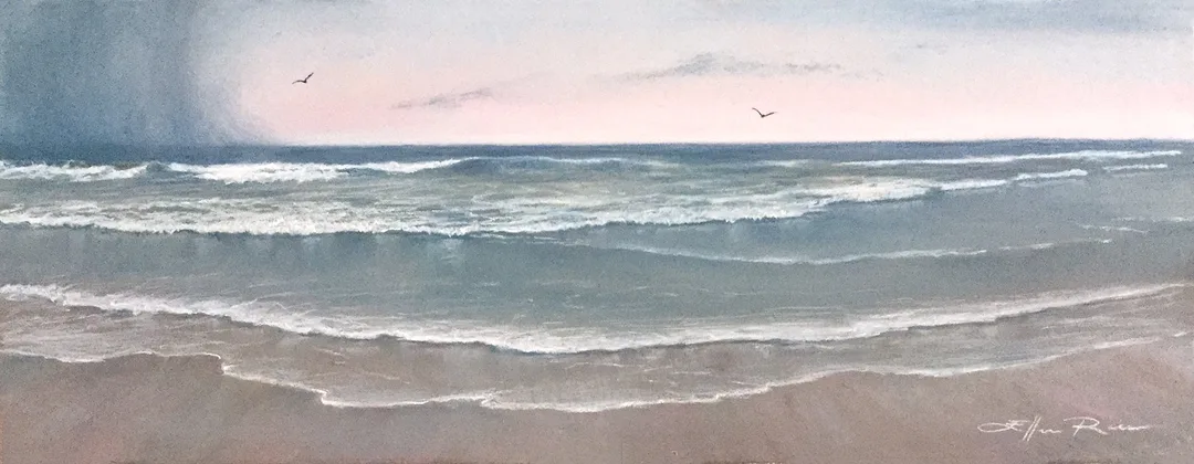 A heavy downpour heads out to sea as clouds part over calming ocean waves and gulls fly overhead.