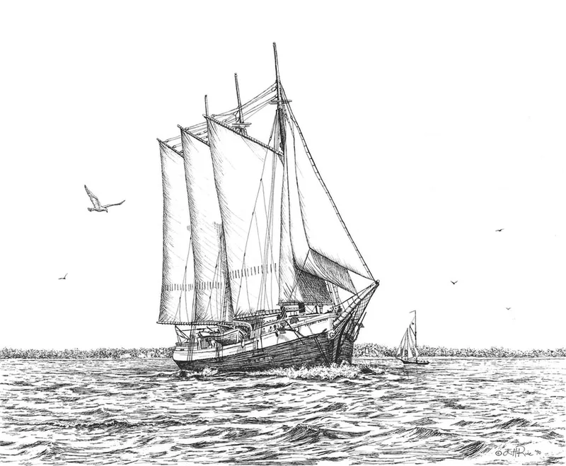 Detailed pen and ink drawing by Ellen Rice of the Schooner Ram Victory Chimes, formerly Edwin and Maude, during the  American Bicentennial Tall Ships Regatta.