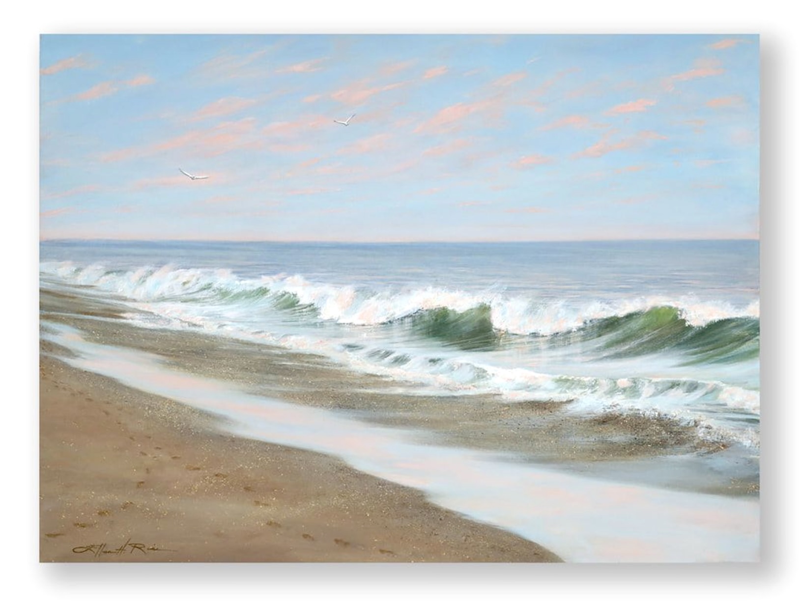 Two sets of footprints in wet beach sand meet and part in an oceanside painting called Crossing Paths by Ellen Rice.