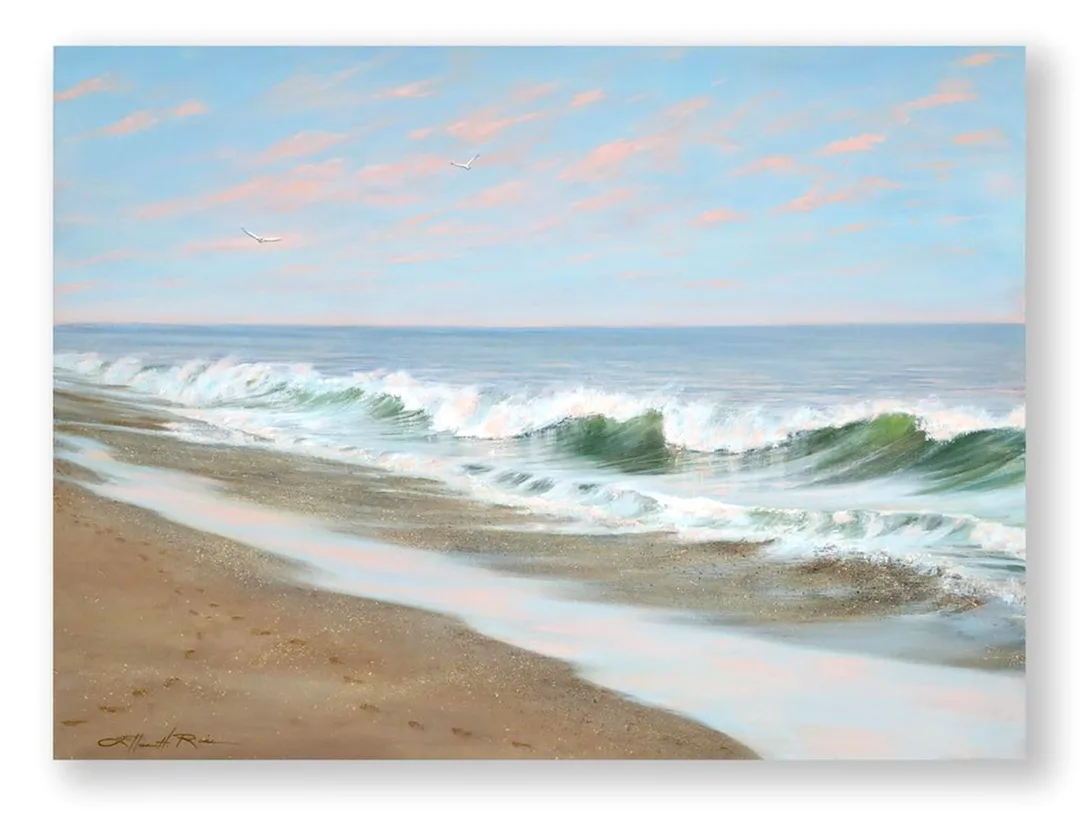 Two sets of footprints in wet beach sand meet and part in an oceanside painting called Crossing Paths by Ellen Rice.