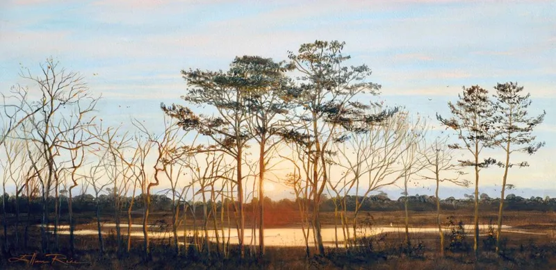 Glowing oil painting of the early morning sun rising above and through trees and marsh along the back bay area of Ocean View,  Delaware.