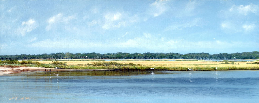 Oil on canvas of a cove, wetlands and wildlife in the James Farm Ecological Preserve in Ocean View, Delaware.