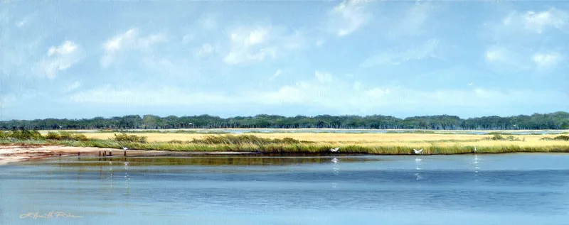 Egrets glide over bay water and marsh grasses in this painting of part of the James Farm Ecological Preserve in Delaware's southeastern coastal region by contemporary American artist Ellen Rice.