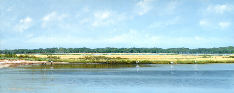 Sunny painting of marshes, a secluded cove and Great White Egrets gliding over the water.