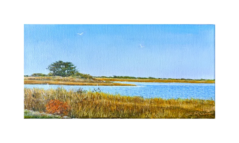 Oil painting of a serene view across marsh and bay, the grasses gold against the blues reflected in the water and the brilliant blue sky.