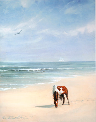 An Assateague pony is portrayed in oils munching of dune grass next to the ocean.