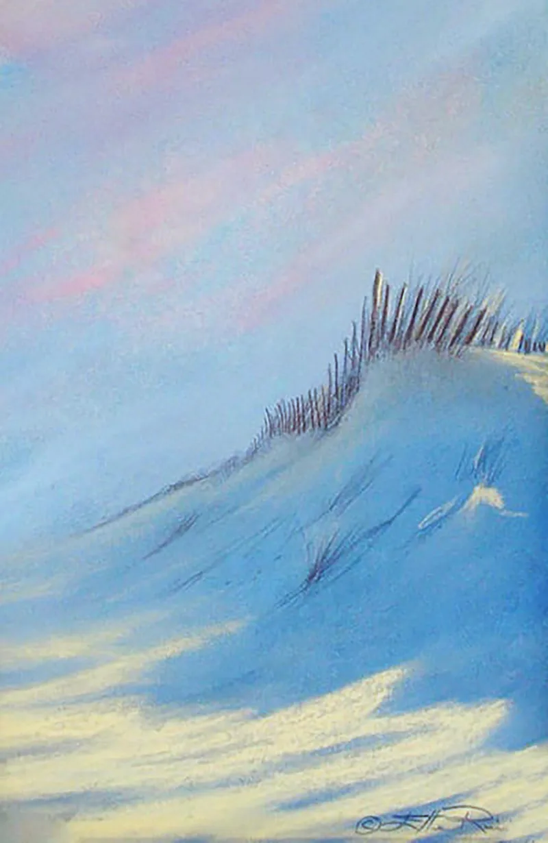 The sun sets behind sand dunes and dune fence creating dancing shadows in this beach pastel painting by Ellen Rice.