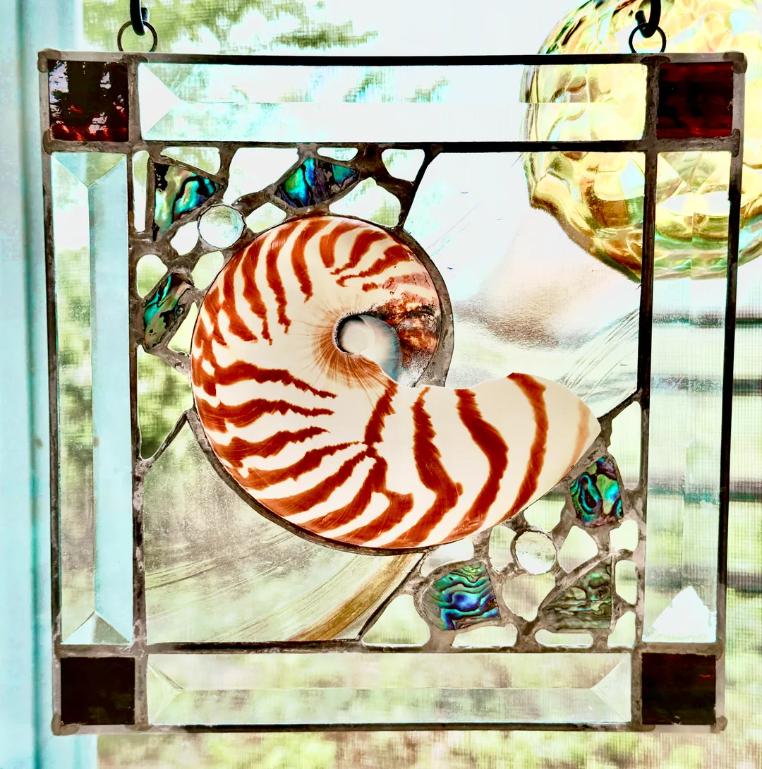 Square hanging stained glass and crystal glass art.