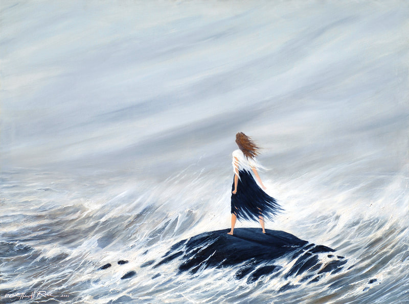 A woman facing into life's storms finds strength to stand on a rock, symbolically the Rock of Truth, oil painting and prints by Ellen Rice.