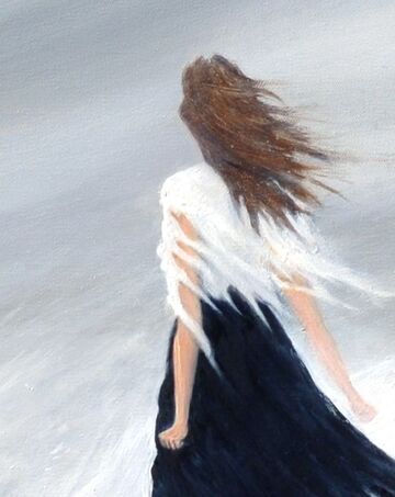 Woman standing strongly facing into a storm in painting called Standing on the Rock.