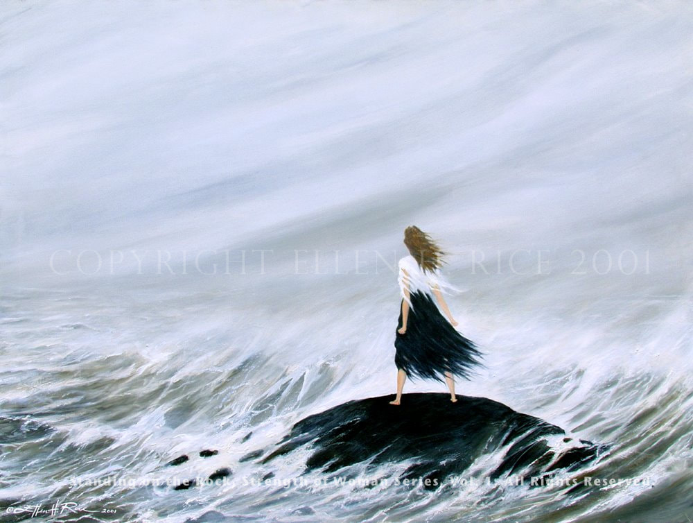 Painting of a woman standing strong on a slippery rock facing into raging storms in the middle of the ocean.